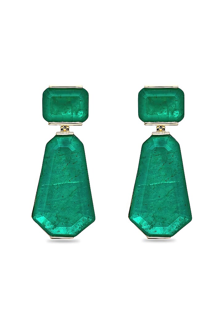 Gold Finish Emerald Green Natural Stone Dangler Earrings In Sterling Silver by MISS JO at Pernia's Pop Up Shop