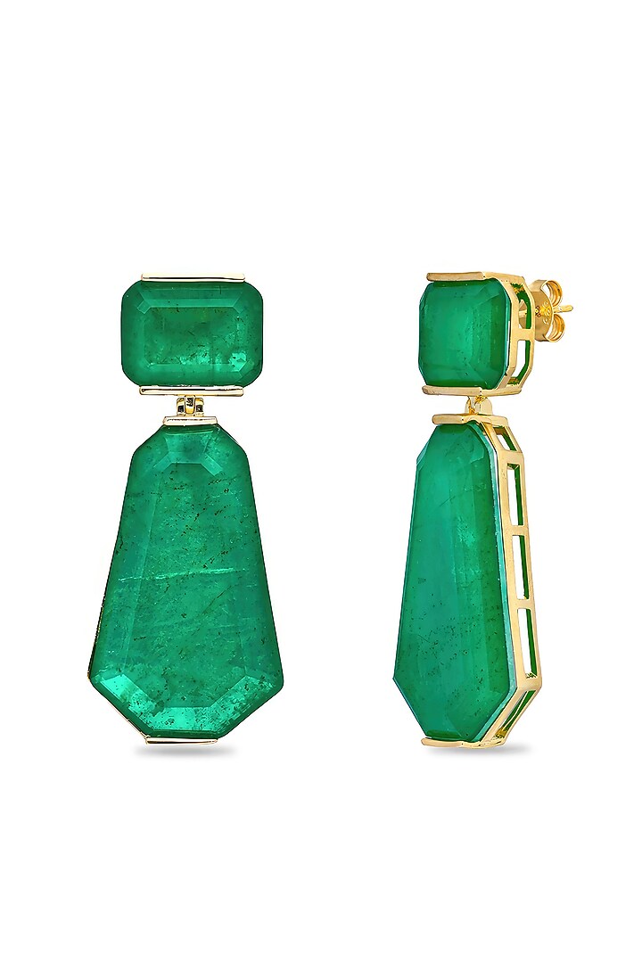 Gold Finish Emerald Green Natural Stone Dangler Earrings In Sterling Silver by MISS JO at Pernia's Pop Up Shop