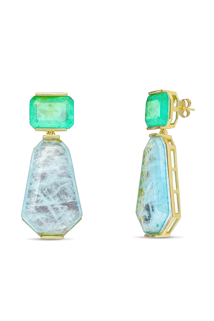 Gold Finish Turquoise & Sky Blue Natural Stone Dangler Earrings In Sterling Silver by MISS JO at Pernia's Pop Up Shop