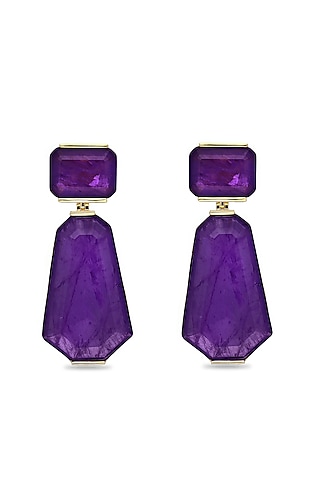 Gold Finish Purple Natural Stone Dangler Earrings In Sterling Silver by MISS JO
