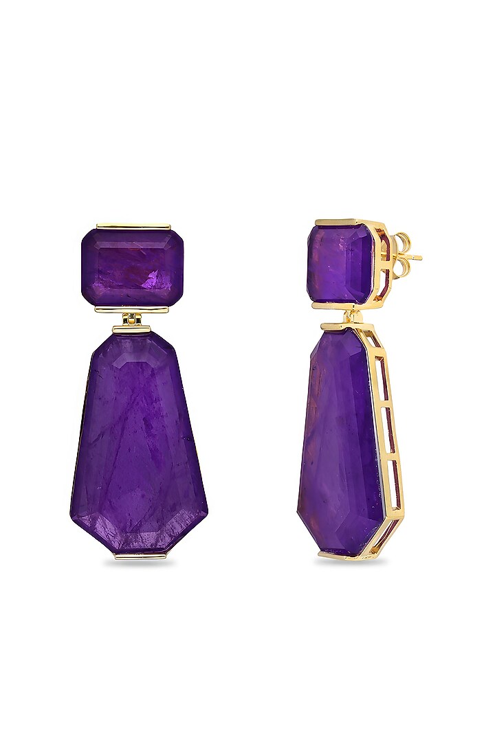 Gold Finish Purple Natural Stone Dangler Earrings In Sterling Silver by MISS JO at Pernia's Pop Up Shop