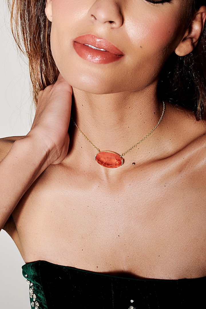 Gold Finish Coral Orange Natural Stone Oval-Shaped Pendant Necklace In Sterling Silver by MISS JO at Pernia's Pop Up Shop
