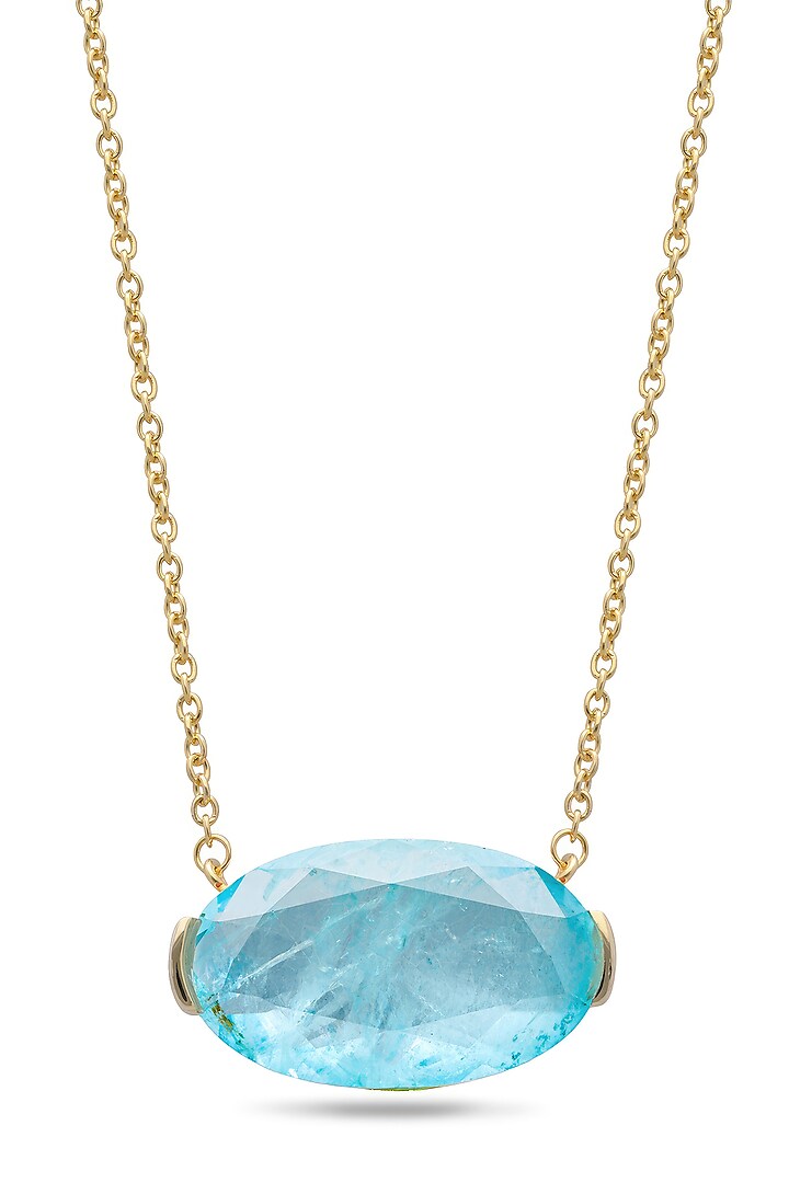 Gold Finish Light Sky Blue Natural Stone Oval-Shaped Pendant Necklace In Sterling Silver by MISS JO at Pernia's Pop Up Shop