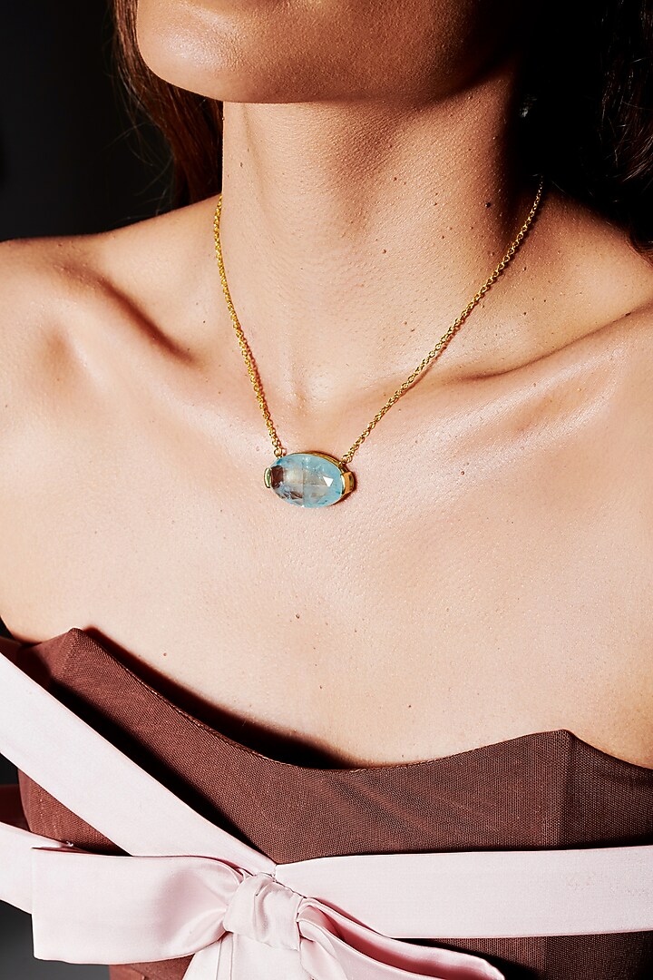 Gold Finish Light Sky Blue Natural Stone Oval-Shaped Pendant Necklace In Sterling Silver by MISS JO at Pernia's Pop Up Shop