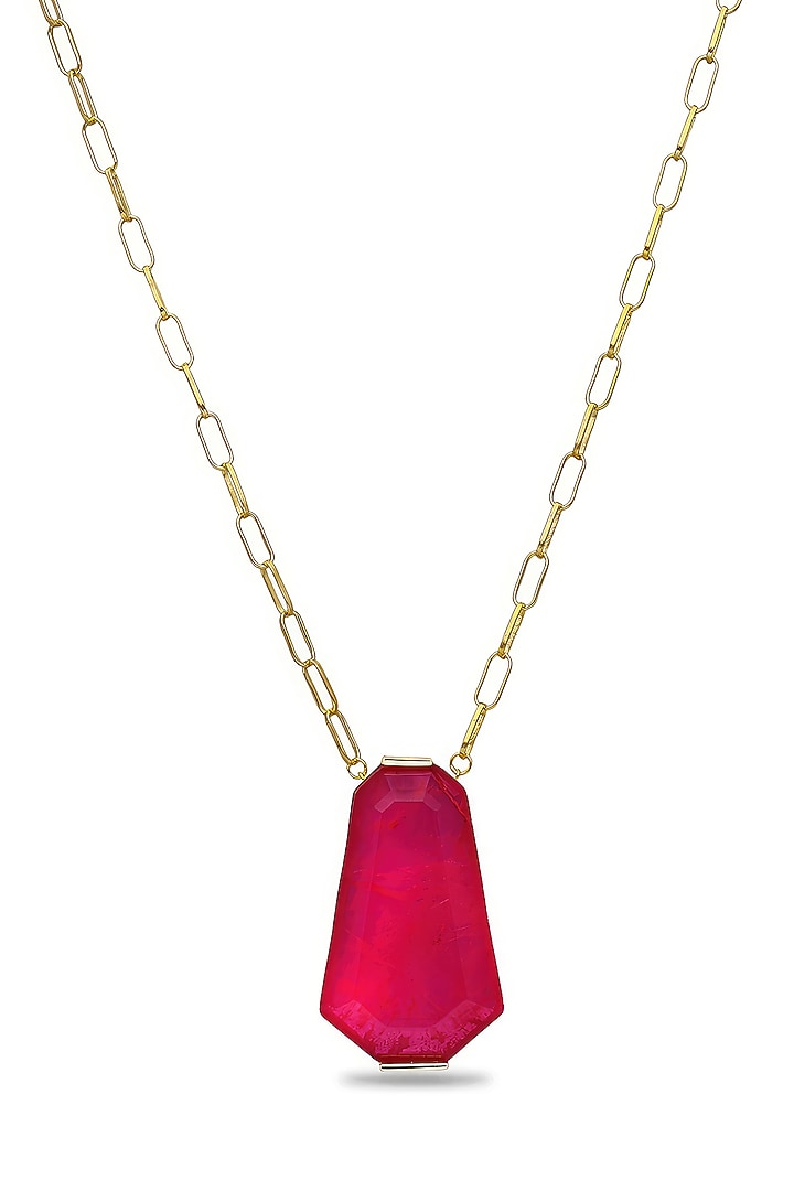 Gold Finish Deep Pink Natural Stone Pendant Necklace In Sterling Silver by MISS JO at Pernia's Pop Up Shop