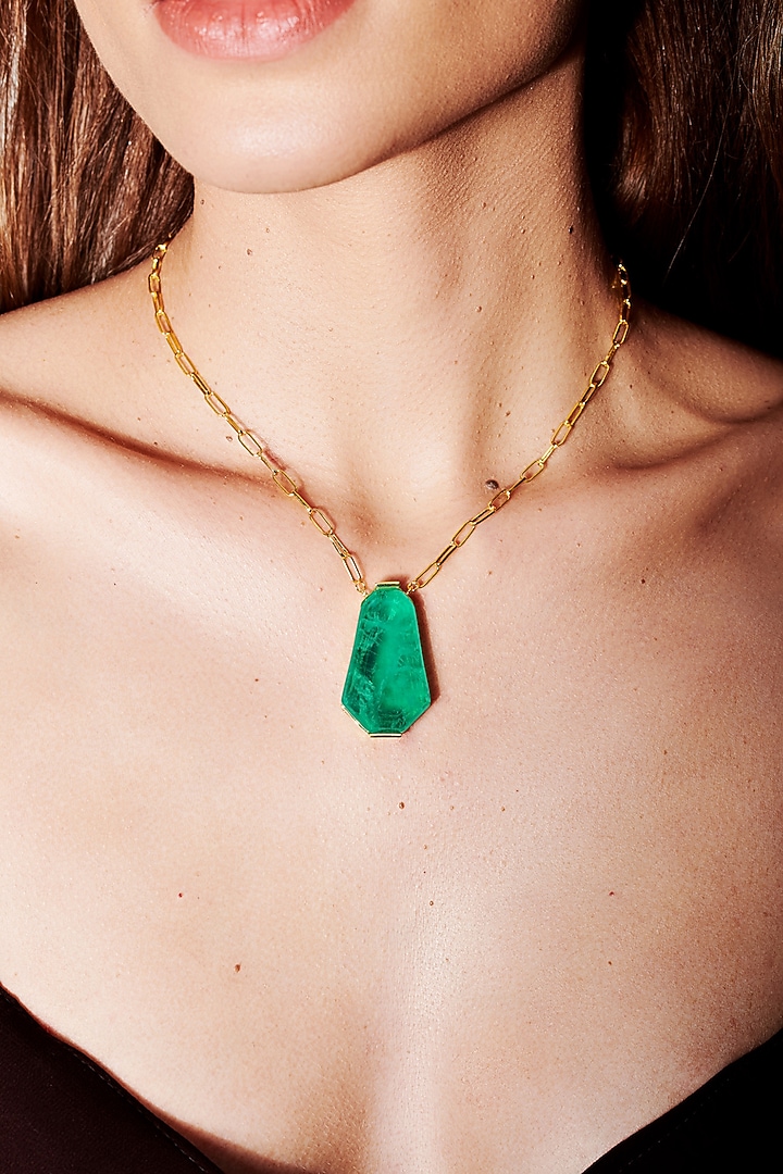 Gold Finish Emerald Green Natural Stone Pendant Necklace In Sterling Silver by MISS JO at Pernia's Pop Up Shop