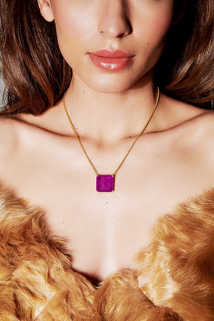 Gold Finish Dark Magenta Natural Stone Pendant Necklace In Sterling Silver by MISS JO at Pernia's Pop Up Shop