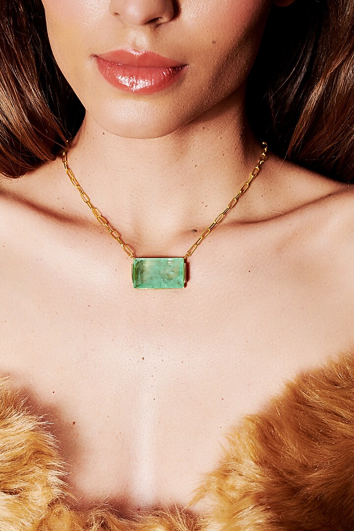 Gold Finish Cyan Green Natural Stone Oasis Pendant Necklace In Sterling Silver by MISS JO at Pernia's Pop Up Shop