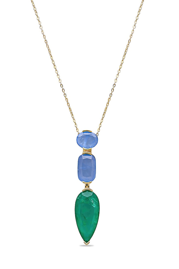 Gold Finish Azure Blue & Emerald Green Natural Stone Pendant Necklace In Sterling Silver by MISS JO at Pernia's Pop Up Shop