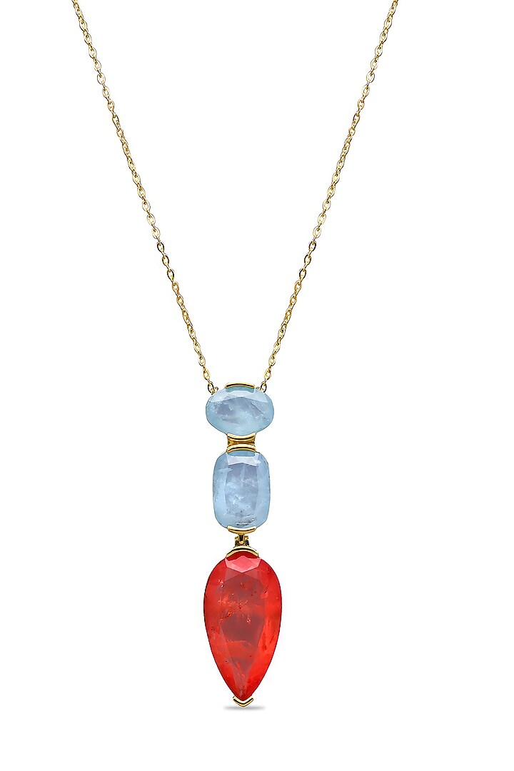 Gold Finish Sky Blue & Coral Orange Natural Stone Pendant Necklace In Sterling Silver by MISS JO at Pernia's Pop Up Shop