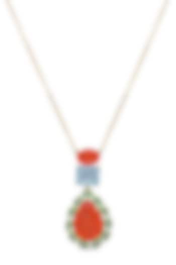 Gold Finish Coral Orange & Sky Blue Natural Stone Peacock Pendant Necklace In Sterling Silver by MISS JO at Pernia's Pop Up Shop