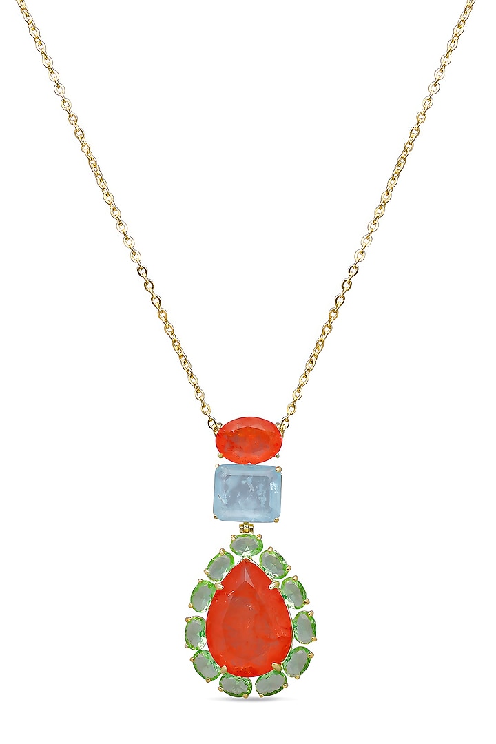 Gold Finish Coral Orange & Sky Blue Natural Stone Peacock Pendant Necklace In Sterling Silver by MISS JO at Pernia's Pop Up Shop