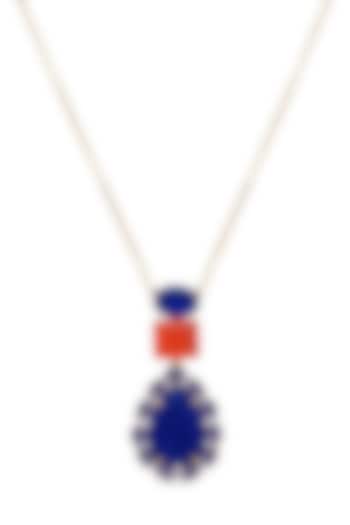 Gold Finish Coral Orange & Dark Blue Natural Stone Peacock Pendant Necklace In Sterling Silver by MISS JO at Pernia's Pop Up Shop