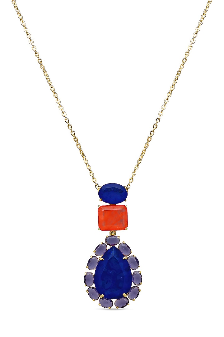 Gold Finish Coral Orange & Dark Blue Natural Stone Peacock Pendant Necklace In Sterling Silver by MISS JO at Pernia's Pop Up Shop