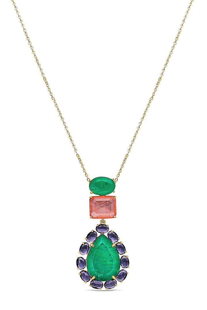 Gold Finish Emerald Green & Light Purple Natural Stone Peacock Pendant Necklace In Sterling Silver by MISS JO at Pernia's Pop Up Shop