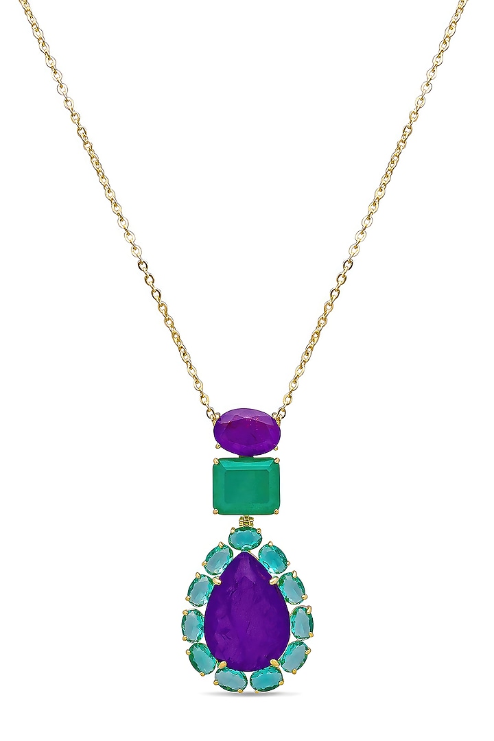 Gold Finish Emerald Green & Purple Natural Stone Peacock Pendant Necklace In Sterling Silver by MISS JO at Pernia's Pop Up Shop