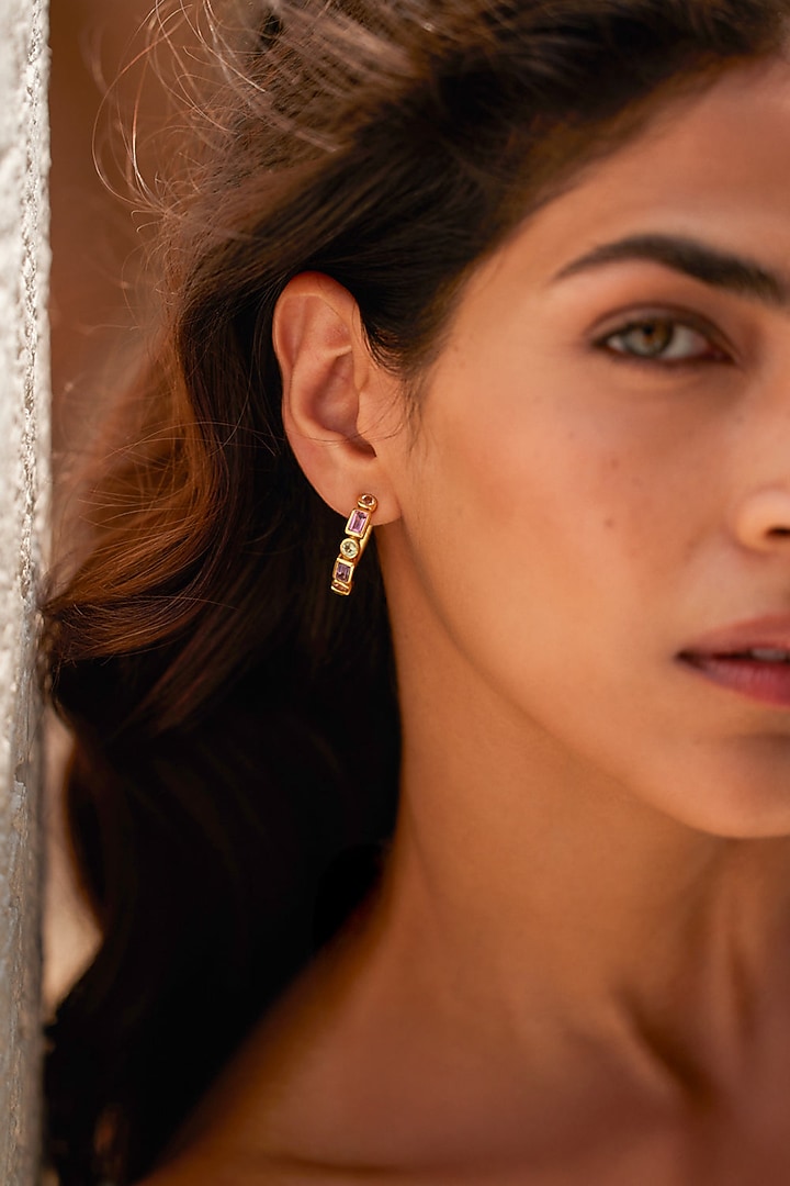 Gold Plated Multi-Colored Semi Precious Stone Hoop Earrings In Sterling Silver by MISS JO at Pernia's Pop Up Shop