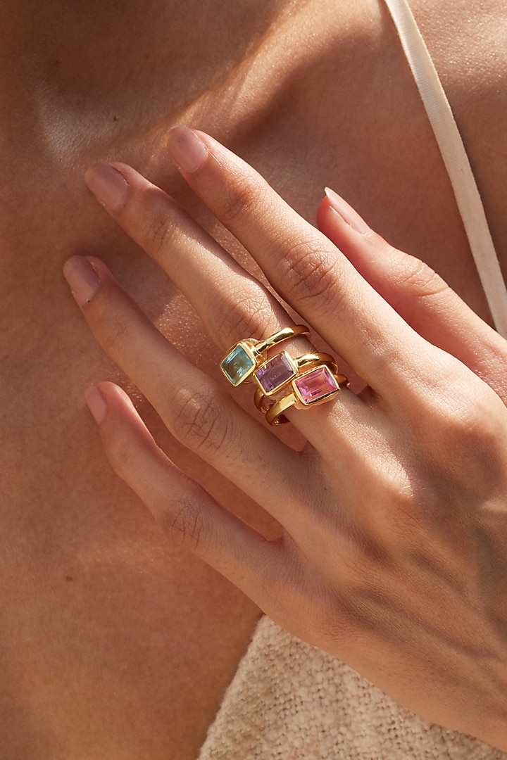 Gold Plated Multi-Colored Baguette Stone Rings (Set of 3) In Sterling Silver by MISS JO at Pernia's Pop Up Shop