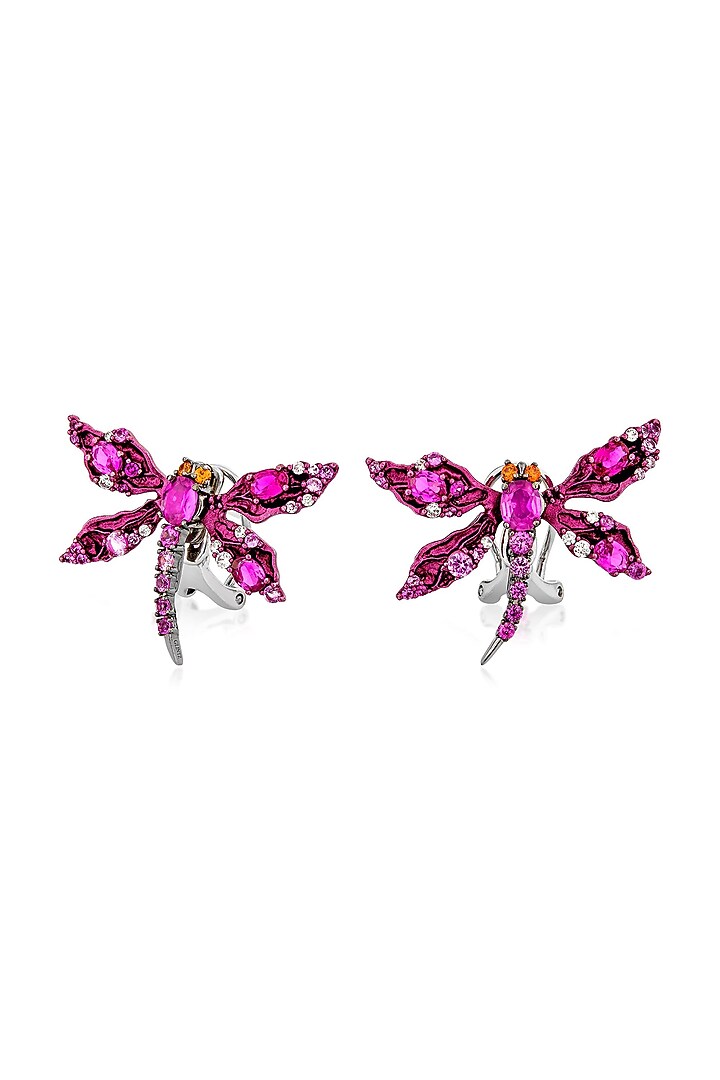 White Rhodium Finish Pink Enameled Dragonfly Stud Earrings In Sterling Silver by MISS JO at Pernia's Pop Up Shop