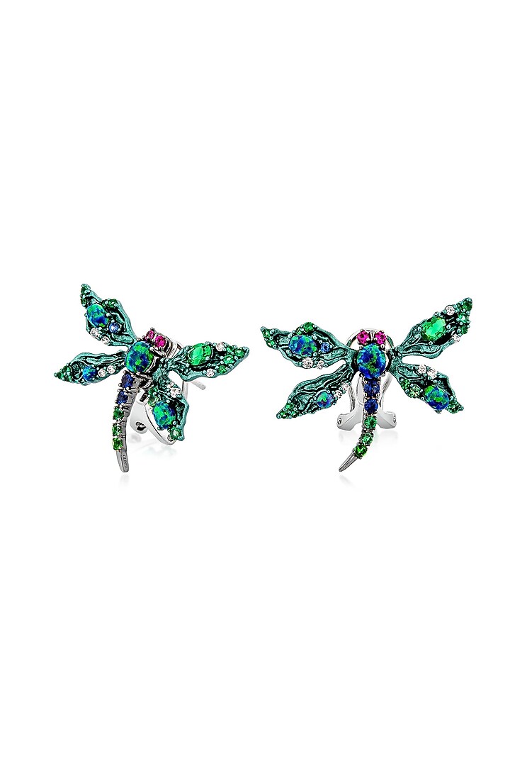 White Rhodium Finish Green Enameled Dragonfly Stud Earrings In Sterling Silver by MISS JO at Pernia's Pop Up Shop