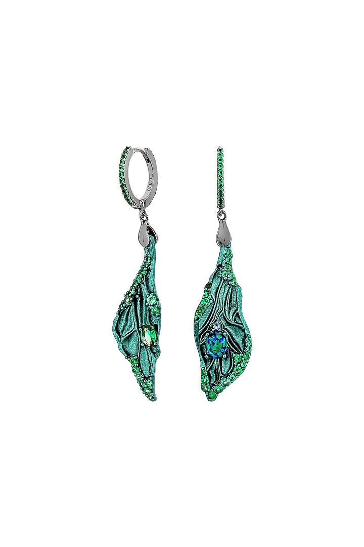 White Rhodium Finish Emerald Stone Dangler Earrings In Sterling Silver by MISS JO at Pernia's Pop Up Shop