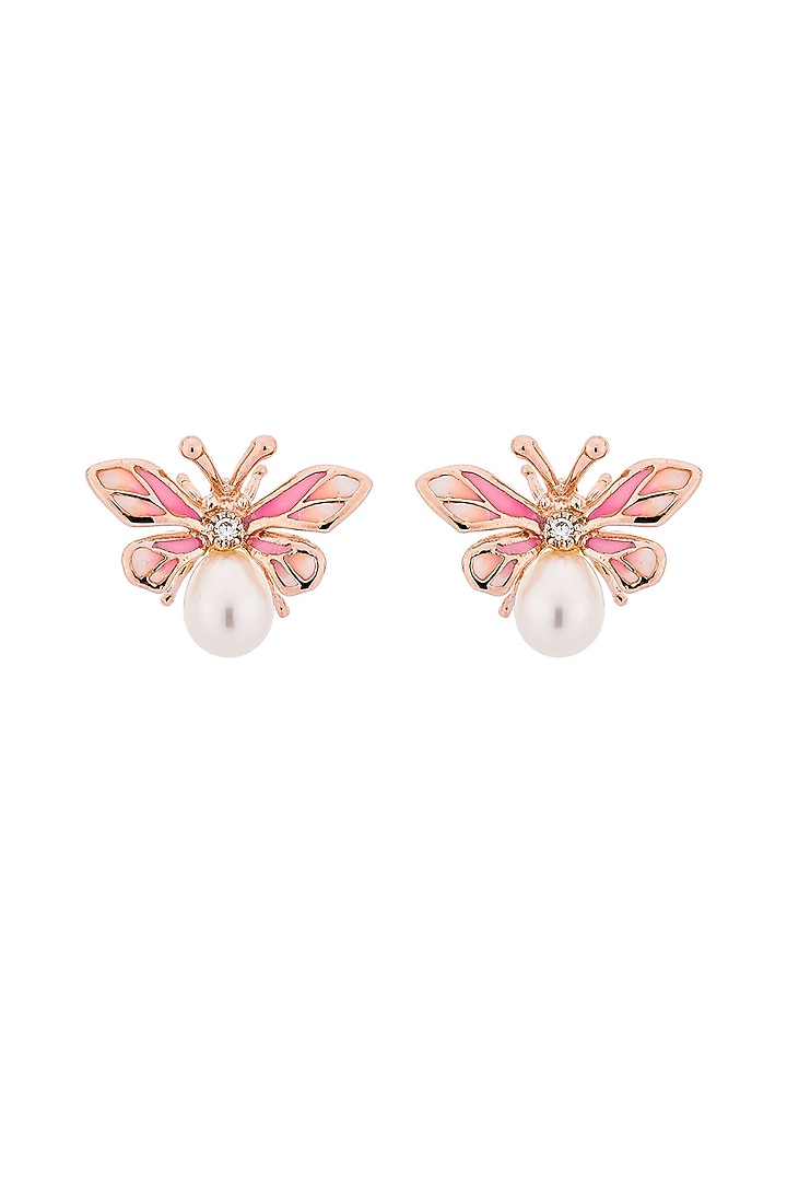 Rose Gold Finish Pink Enameled Butterfly Stud Earrings In Sterling Silver by MISS JO at Pernia's Pop Up Shop