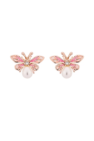 Rose Gold Finish Pink Enameled Butterfly Stud Earrings In Sterling Silver by MISS JO
