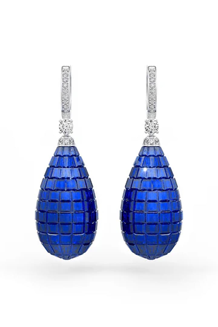 White Rhodium Finish Blue Stone Spinel Dangler Earrings In Sterling Silver by MISS JO at Pernia's Pop Up Shop