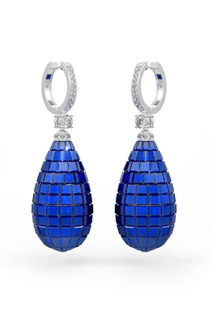 White Rhodium Finish Blue Stone Spinel Dangler Earrings In Sterling Silver by MISS JO at Pernia's Pop Up Shop