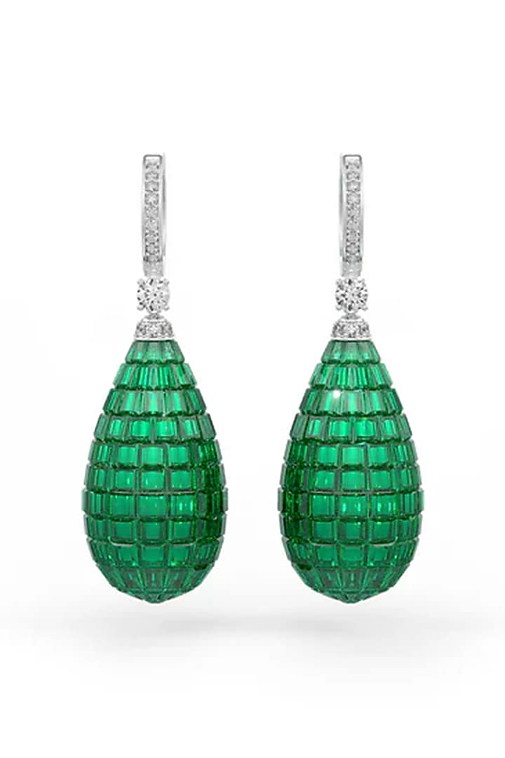 White Rhodium Finish Green Stone Spinel Dangler Earrings In Sterling Silver by MISS JO at Pernia's Pop Up Shop