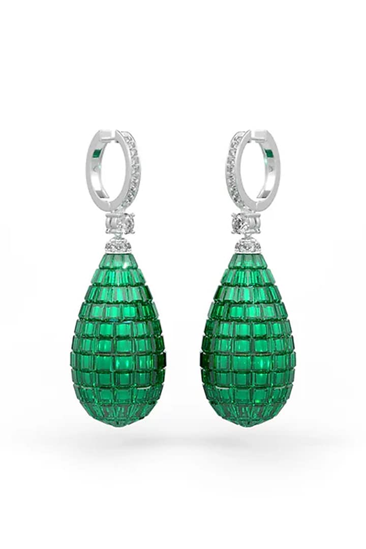 White Rhodium Finish Green Stone Spinel Dangler Earrings In Sterling Silver by MISS JO at Pernia's Pop Up Shop