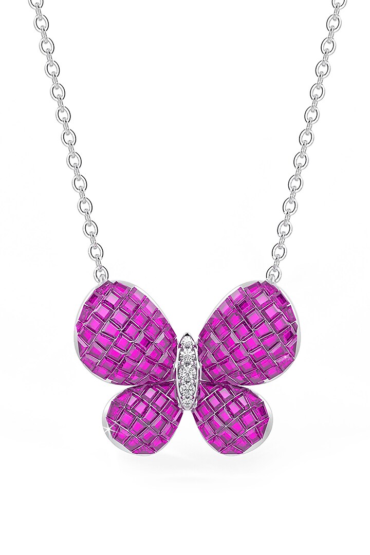 White Rhodium Finish Ruby Synthetic Spinel Pendant Necklace In Sterling Silver by MISS JO at Pernia's Pop Up Shop