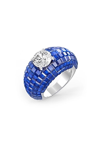 White Rhodium Finish Sapphire Synthetic Spinel & White Stone Ring In Sterling Silver by MISS JO