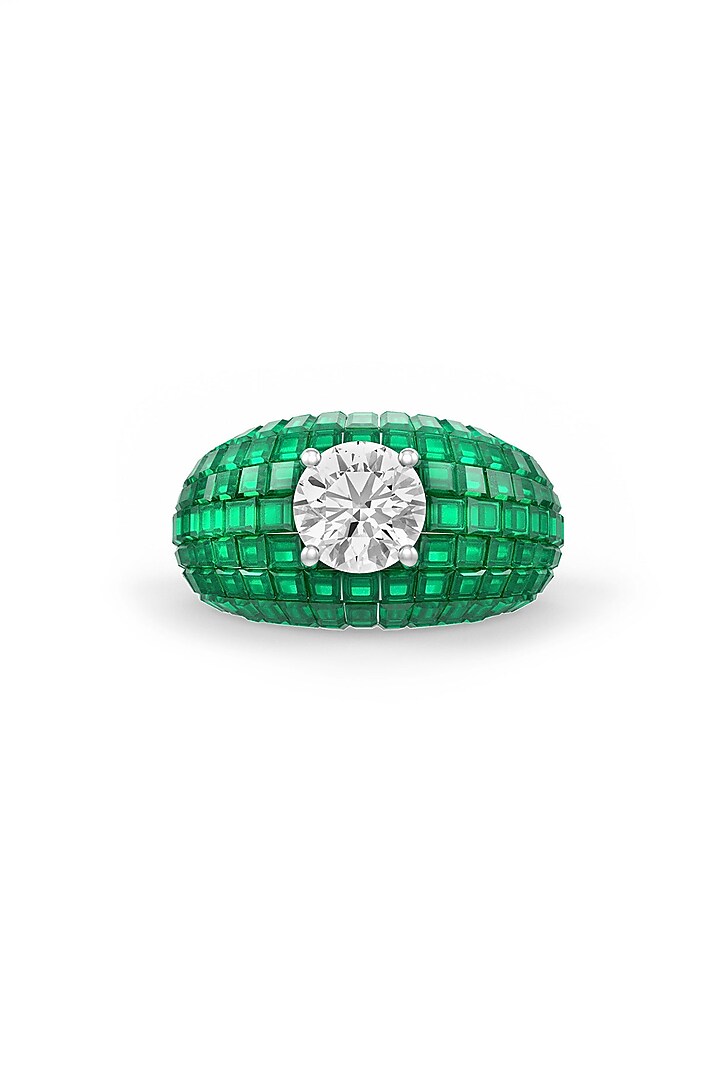 White Rhodium Finish Emerald Synthetic Spinel & White Stone Ring In Sterling Silver by MISS JO at Pernia's Pop Up Shop