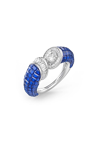 White Rhodium Finish Sapphire Synthetic Spinel Ring In Sterling Silver by MISS JO