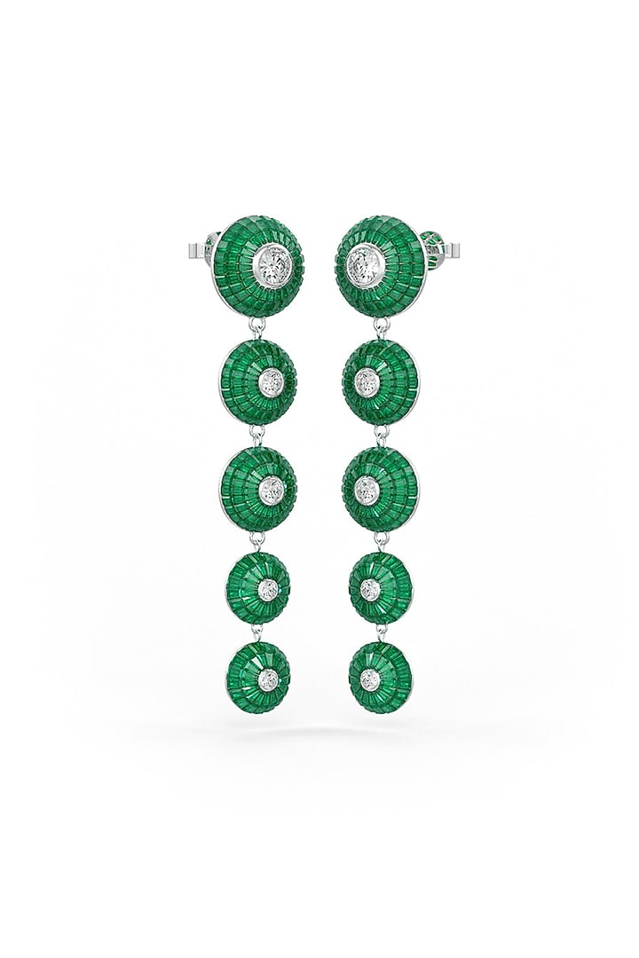 White Rhodium Finish Emerald Synthetic Spinel Dangler Earrings In Sterling Silver by MISS JO at Pernia's Pop Up Shop