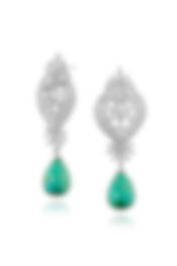 White Rhodium Finish Cubic Zirconia & Green Stone Dangler Earrings In Sterling Silver by MISS JO at Pernia's Pop Up Shop