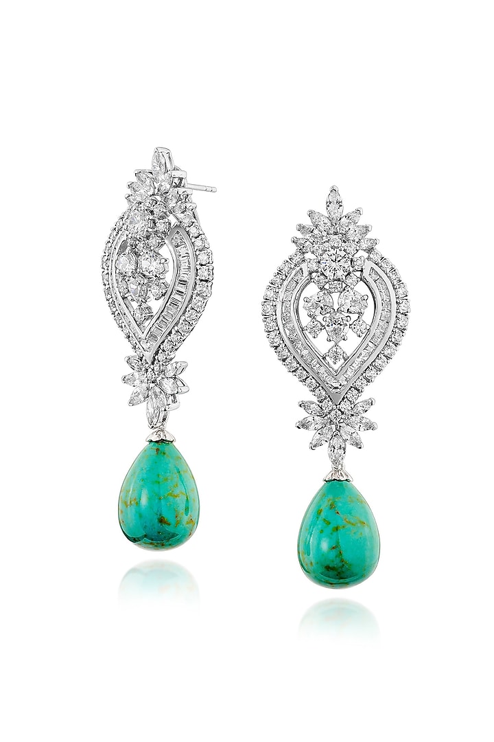 White Rhodium Finish Cubic Zirconia & Green Stone Dangler Earrings In Sterling Silver by MISS JO at Pernia's Pop Up Shop