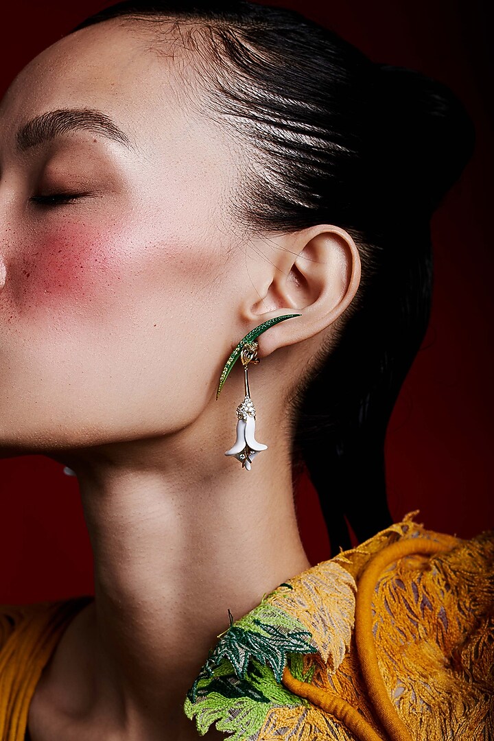 Gold Finish Canary Stone & Cubic Zirconia Stud Earrings In Sterling Silver by MISS JO at Pernia's Pop Up Shop