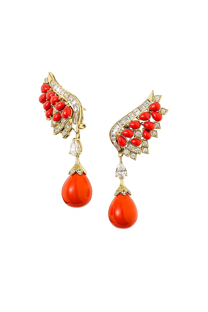 Gold Finish Green & Coral Stone Dangler Earrings In Sterling Silver by MISS JO at Pernia's Pop Up Shop