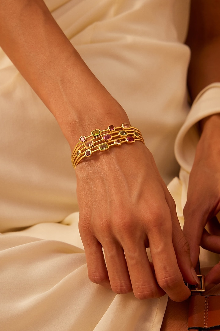 Gold Finish Pink Tourmaline Hydro & Peridot Stone Cuff In Sterling Silver by MISS JO at Pernia's Pop Up Shop