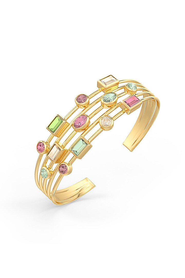 Gold Finish Pink Tourmaline Hydro & Peridot Stone Cuff In Sterling Silver by MISS JO at Pernia's Pop Up Shop