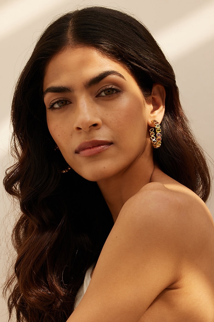 Gold Finish Morganite Hydro & Amethyst Stone Hoop Earrings In Sterling Silver by MISS JO at Pernia's Pop Up Shop