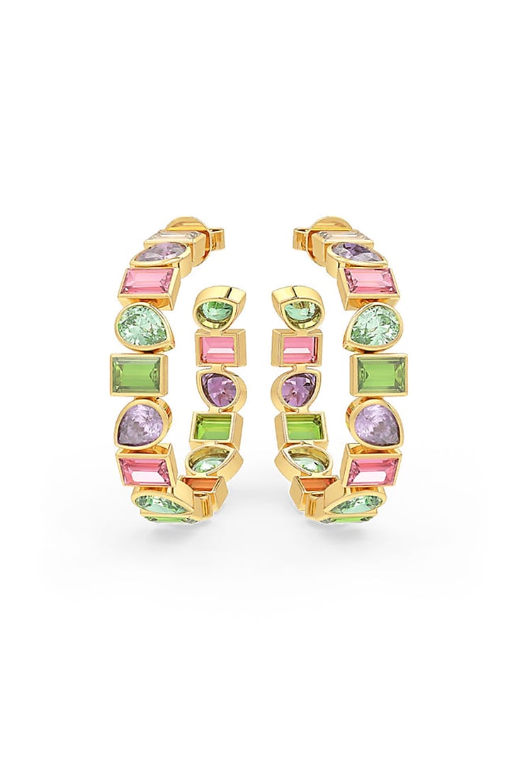 Gold Finish Morganite Hydro & Amethyst Stone Hoop Earrings In Sterling Silver by MISS JO at Pernia's Pop Up Shop