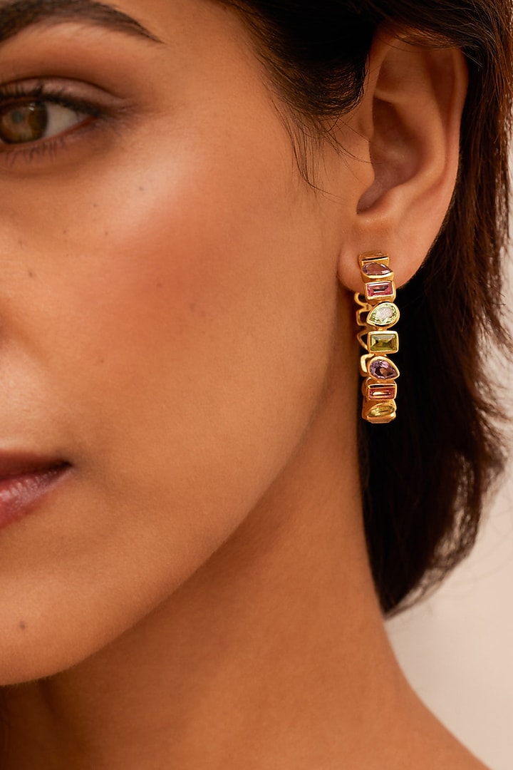 Gold Finish Morganite Hydro & Amethyst Stone Hoop Earrings In Sterling Silver by MISS JO at Pernia's Pop Up Shop