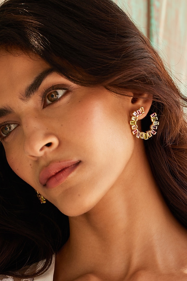 Gold Plated Multi-Colored Baguette Stone Hoop Earrings In Sterling Silver by MISS JO at Pernia's Pop Up Shop