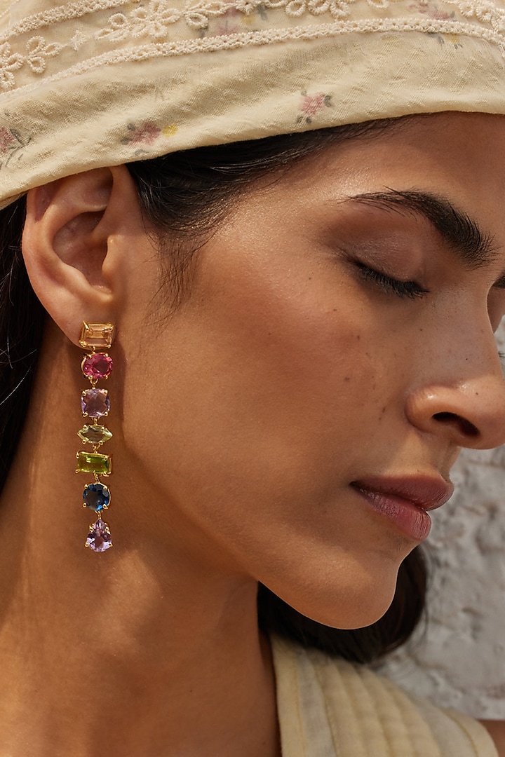 Gold Finish Morganite Hydro & Tourmaline Stone Dangler Earrings In Sterling Silver by MISS JO at Pernia's Pop Up Shop