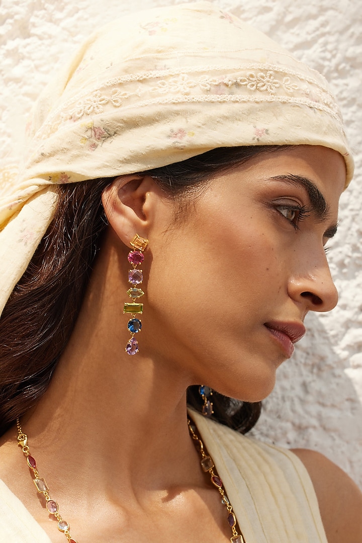 Gold Finish Morganite Hydro & Tourmaline Stone Dangler Earrings In Sterling Silver by MISS JO at Pernia's Pop Up Shop