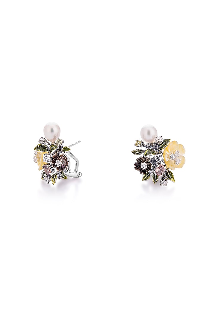 White Rhodium Finish Yellow Pearl Floral Stud Earrings In Sterling Silver by MISS JO at Pernia's Pop Up Shop