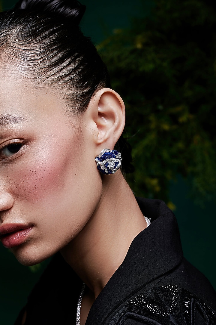 White Rhodium Finish Blue Spinel Stone Stud Earrings In Sterling Silver by MISS JO at Pernia's Pop Up Shop